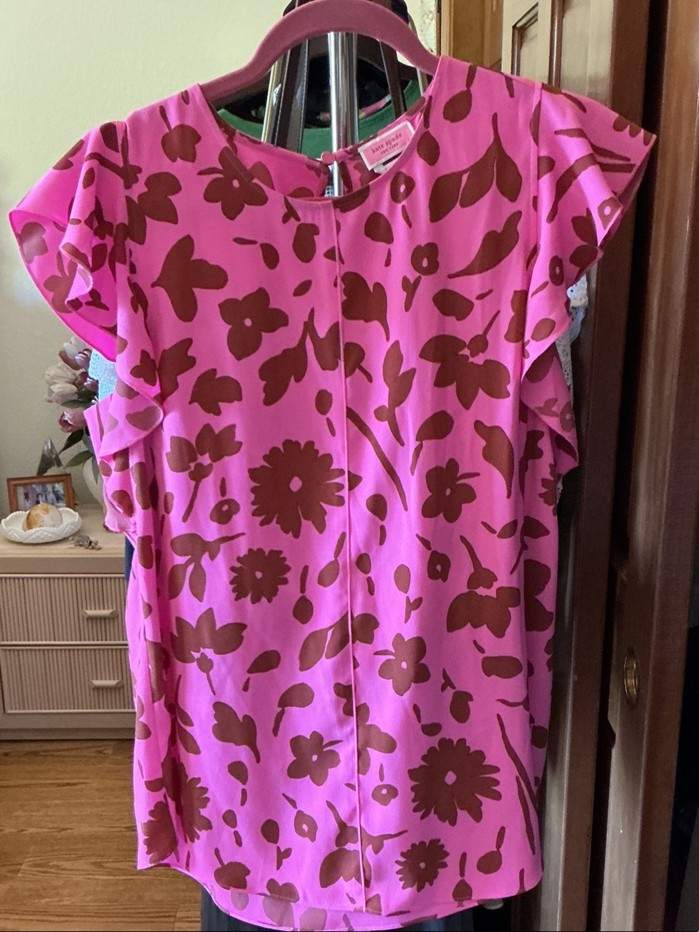 kate spade Pink and Brown Flutter Sleeve Floral Print Top
